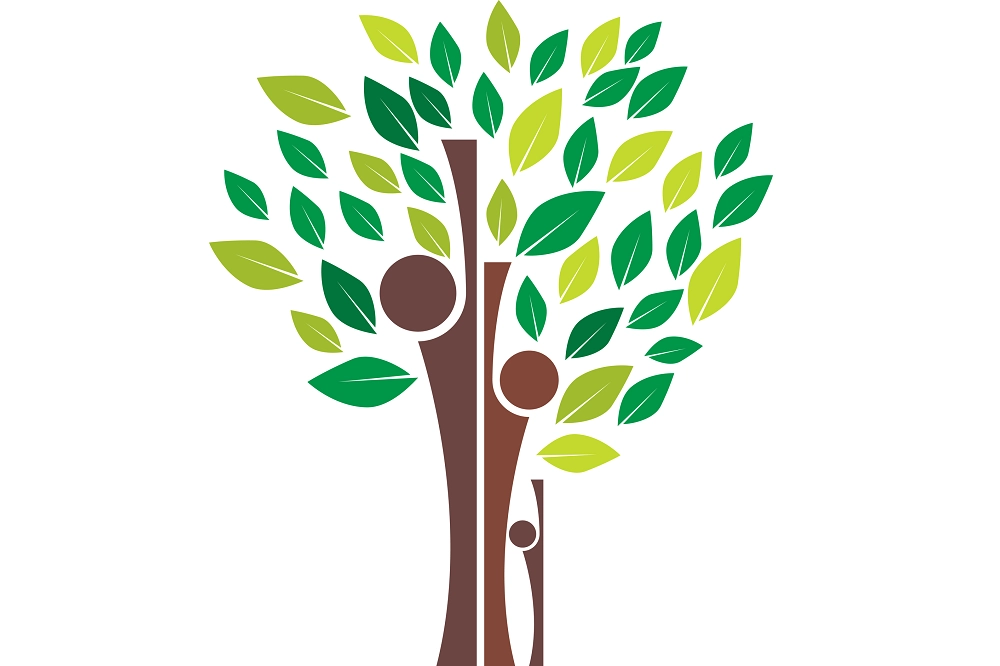 Stylized tree graphic with green leaves and three abstract human figures forming the trunk