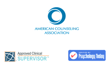 Logos for American Counseling Association, Approved Clinical Supervisor, and Verified by Psychology Today