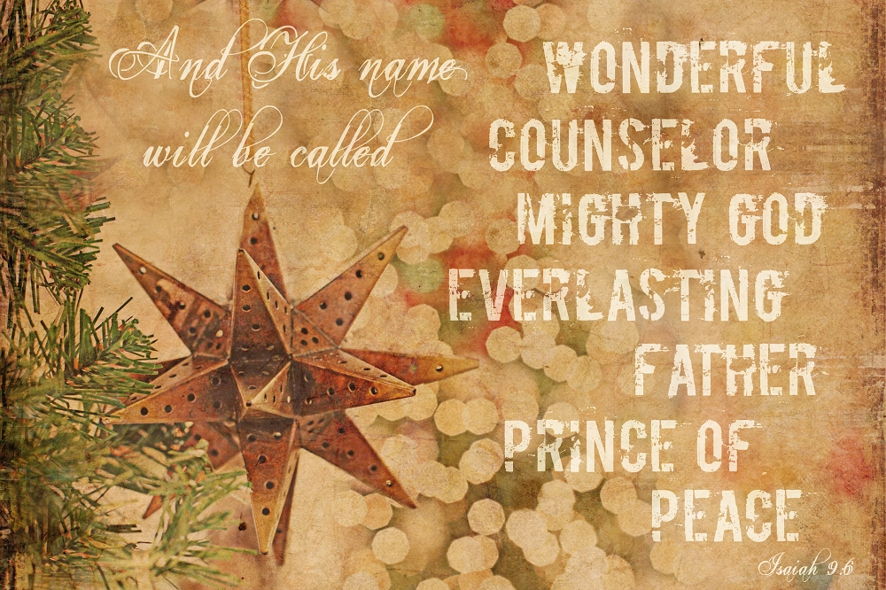 Christmas star ornament with Isaiah 9:6 text reading “Wonderful Counselor, Mighty God, Everlasting Father, Prince of Peace.”
