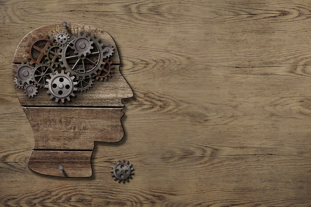 Wooden silhouette of a human head with metal gears inside, symbolizing thinking, creativity, and mental processes